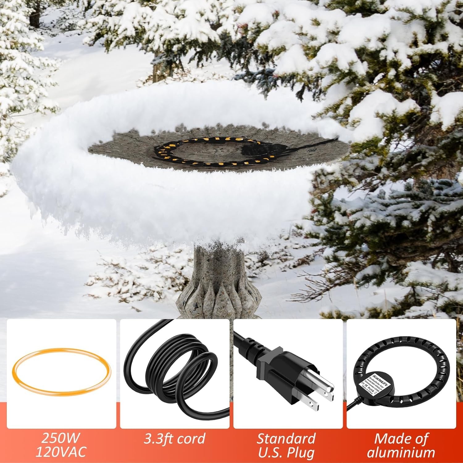 Outdoor Bird Bath Heater 250W - Automatic Winter De-icer for Safe Drinking Water