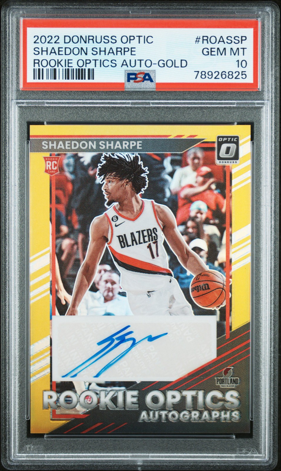 2022-23 Panini Donruss Optic Shaedon Sharpe Rookie Optics Auto Gold /10 - PSA 10