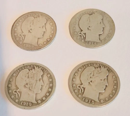 Lot of 4 United States Barber Quarters 1909, 1910, 1914, 1915