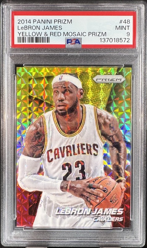LeBron James 2014 Panini Prizm #48 *Yellow & Red Mosaic* Cavaliers Clean PSA 9