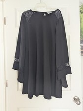 ASOS WomenBlack Lace Shoulder Swing Mini Dress Bell Sleeve Chiffon Flowy Size 18