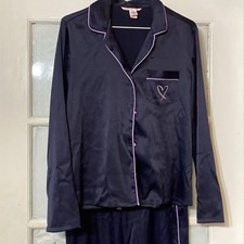 Victoria's Secret Satin Long PJ Pajama Top s Pajama Pants M Navy