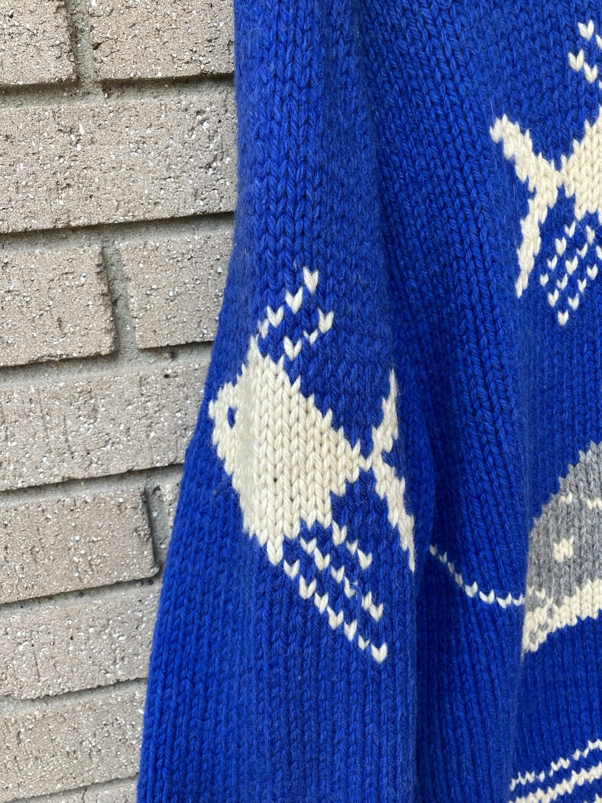 Vintage 1950s/60s Cowichan Zip Front Fish Sweater Blue- Size Large Mary Maxim