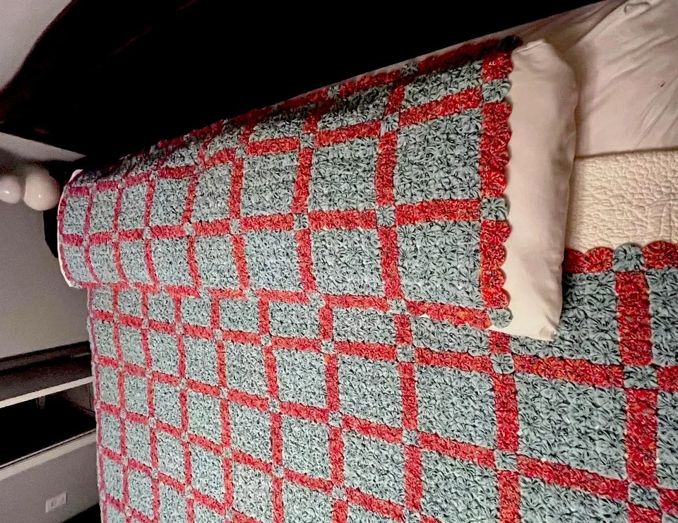 Edredón y funda de almohada YO-YO hecha a mano de colección azul rosa era de la depresión 76x84" Foto 3 de 4