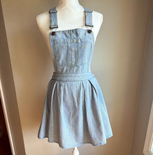 Women  s M Med Railroad Stripe Denim Overall Pinafore Mini Dress Jumper flaw 