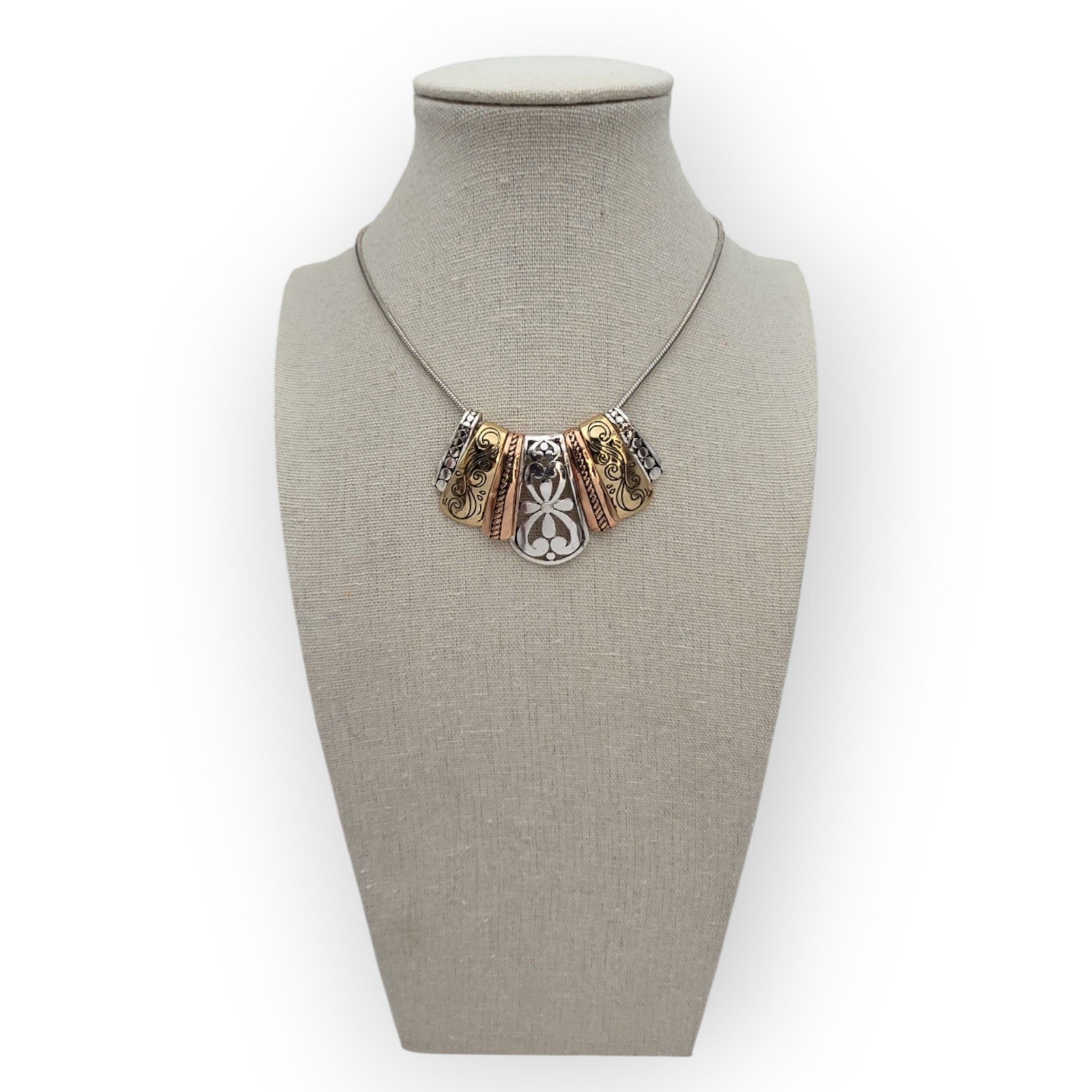 Mixed Metal Filigree Scrollwork Statement Necklac… - image 2