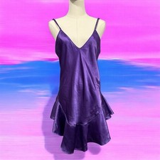 VTG Satin Glossy Purple Slip Nightgown Shorty Glam Chemise PJS Sleep Dress Sz M