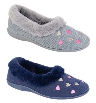 Ladies Sleepers Heart Slippers Comfy Memory Foam Womens Faux Fur Trim Shoes Size
