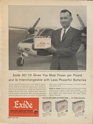 1961 Exide AC-78 Battery PRINT AD Aero Commander 500-A Most Power Per Lb VTG 60s