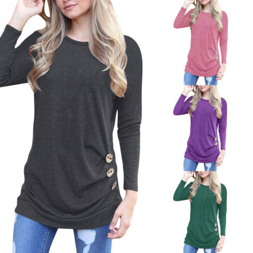 Women Casual Round Neck Long Sleeve Loose Tunic Top Bottons Blouse T-shirts