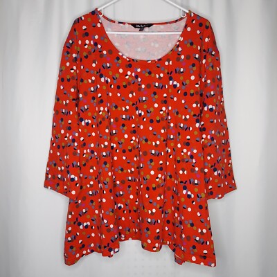 Ulla Popken Top Women 36 Red Multicolor Polka-Dot Cotton 3/4 Sleeve Scoop Tshirt