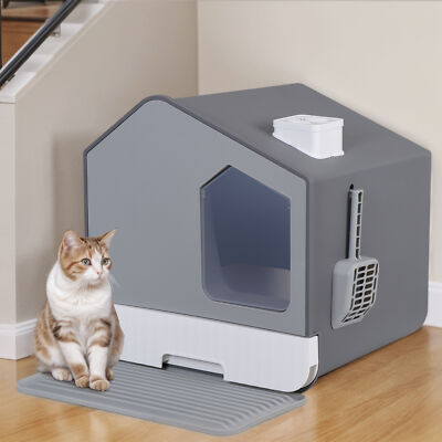 Cat Litter Box with Litter Mat and Scoop Large Easy Clean Grey Anti-Splashing