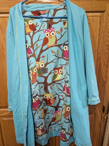 Nick & Nora Holiday Cotton Baby Blue Inner Back Owl Housecoat/Robe Beach Sz S/M - Picture 6 of 10