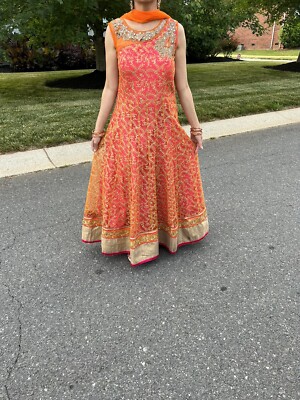 Indian Orange, Pink and Gold Gown with Pants and Chuni - Small | eBay UK
