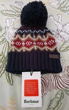 New BARBOUR Boy's Navy Cranberry Fairisle Chunky Knit Bobble Beanie Hat L/XL