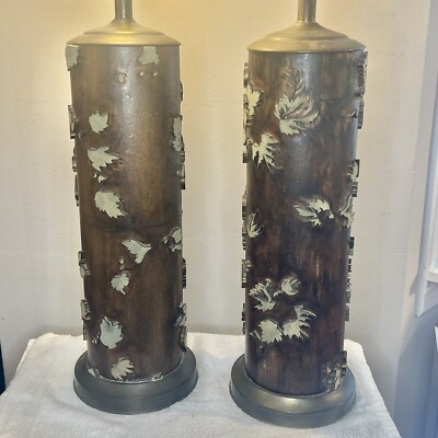 Vintage Wallpaper Roller Table Lamps Pair MCM Wood Metal Leaf 27 