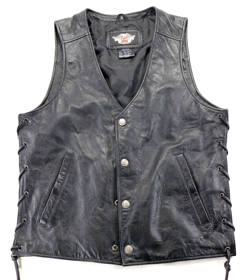 harley davidson mens vest S black leather vintage biker bar shield snap