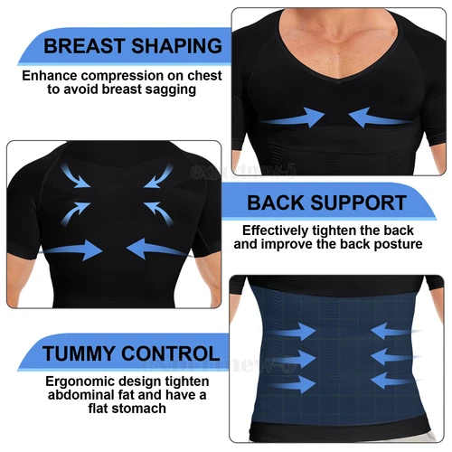 Camiseta de compresión para hombre adelgazante modeladora de cuerpo cuello en V ginecomastia abdomen - Imagen 12 de 49