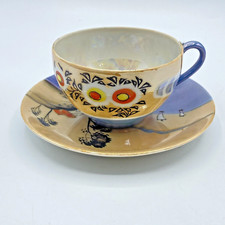 Vtg Iridescent Lusterware Japanese Teacup Saucer Blue Orange Floral MCM