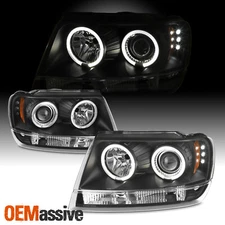 Fits 99-04 Jeep Grand Cherokee Black Bezel Dual Halo Projector LED Headlights