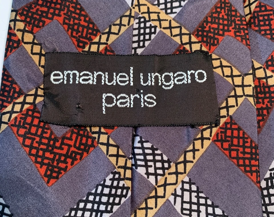EMANUEL UNGARO PARIS Corbata Geo Gris con Negro Blanco Amarillo Pálido Patrón Óxido Seda Foto 3 de 4