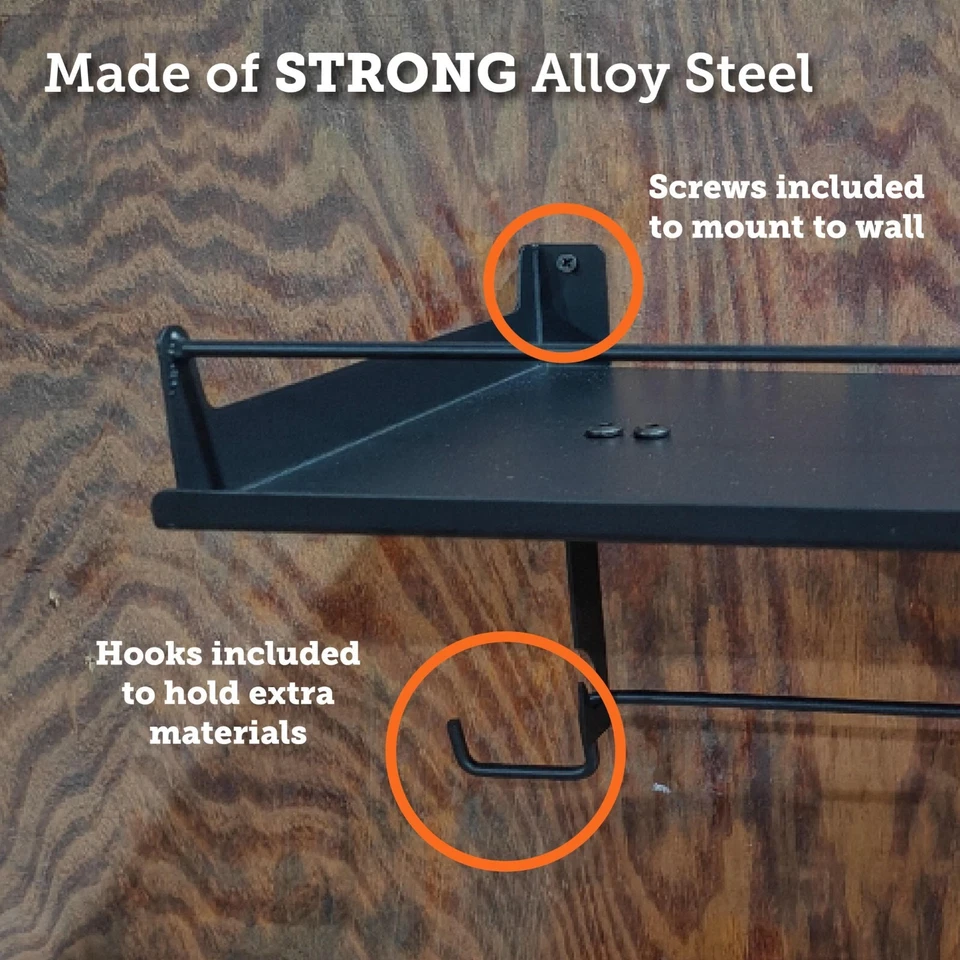 Heavy-Duty Garage Storage Shelf w Hooks & Towel Holder - Alloy Steel, Wall Mount - Image 4 of 4