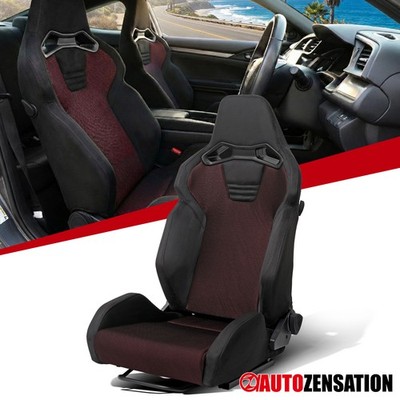 1PC Universal Reclinable Bucket Racing Seat Black Suede Red Mesh Fabric+Slider