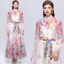 Spring Fall Vintage Floral Print Mock Neck Long Sleeve Women Casual Party Dress