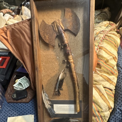 Double Headed Metal War Axe Native American Display with Feathers and Beads - Picture 2 of 6