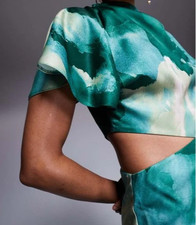 ASOS Satin Asymmetrical Dress Waist Cutout Blues/Greens Sz 12 Tall Formal Prom