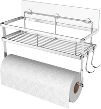 Paper Towel Holder with Shelf Storage, Adhesive Wall Mount 2-in-1 Basket