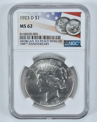 1923-D Peace Silver Dollar MS62 NGC 100th Anniversary Flag Label