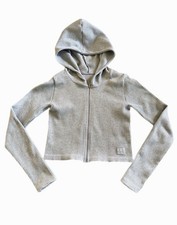Women  s Gray Ribbed Knit Full Zip Hooded Hoodie, Cotton Blend, Size S