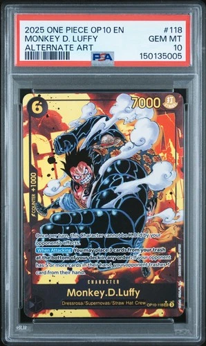 ONE PIECE MONKEY D. LUFFY 2025 OP10-ROYAL BLOOD #118 ALT ART PSA 10