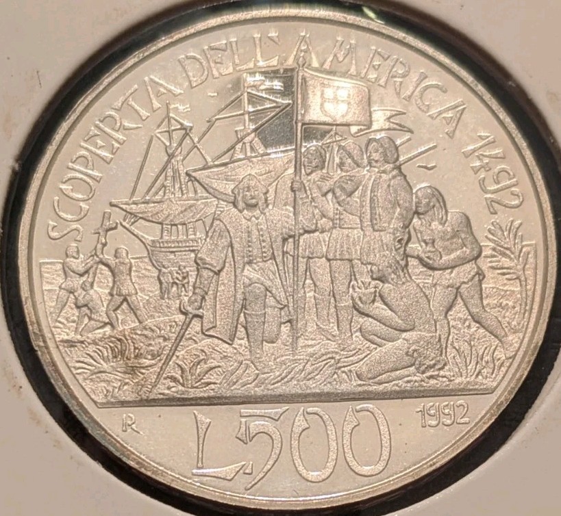 1992 Italy 500 Lire Colombo The Landing Silver