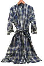Vtg Bill Blass Robe Men  s One Size Woven Cotton Blend Plaid Blue Yellow Pockets