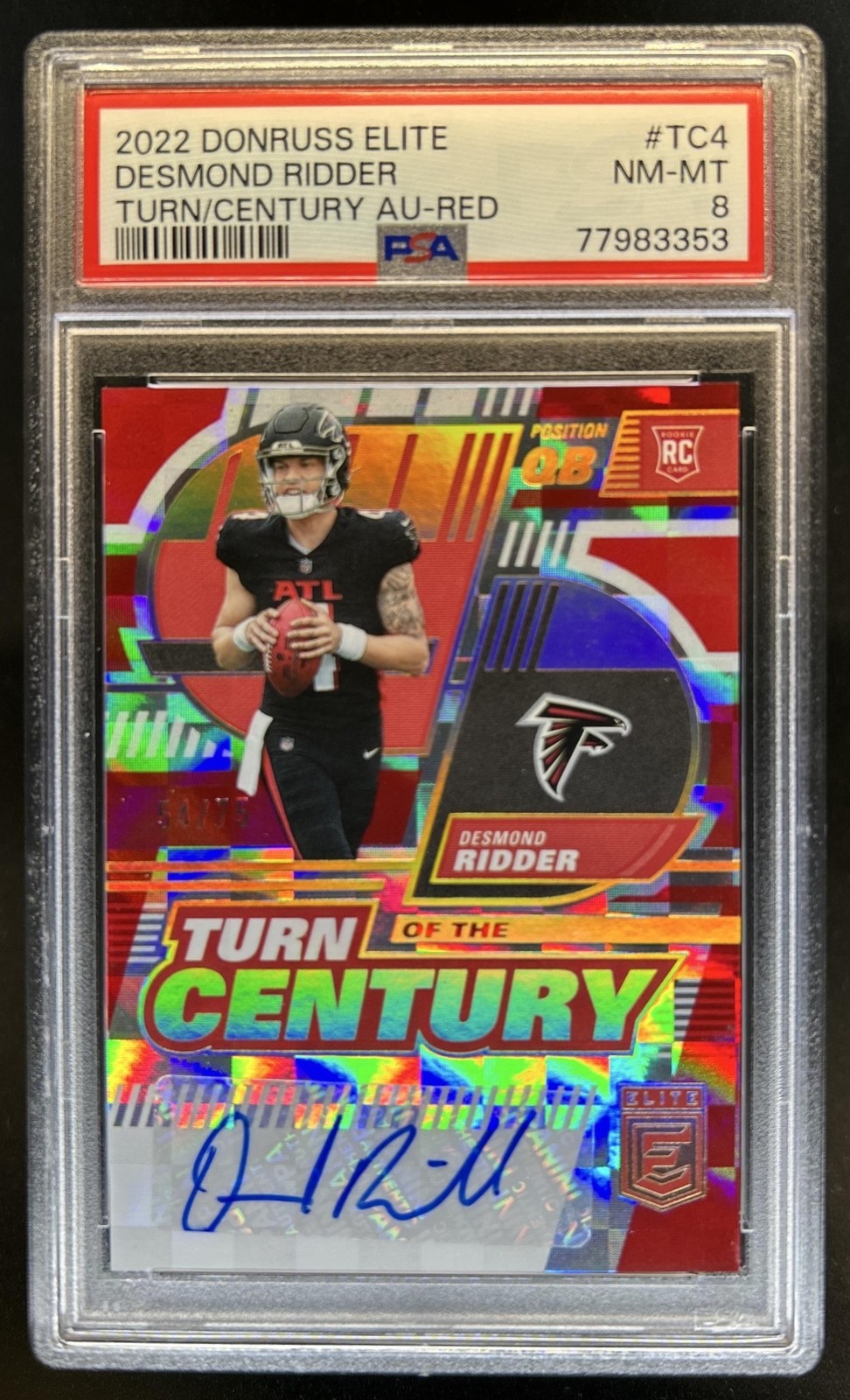 2022 Donruss Elite Desmond Ridder Turn of the Century Auto RC Red #/75 PSA 8 view 1