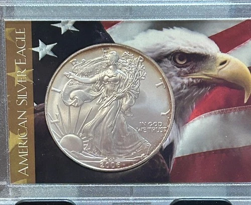2006 American Eagle 1 Oz Silver Dollar Coin Unc-moderate toning- flag capsule