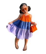Girls Colorblock Tiered Summer Dress, Cotton, Spaghetti Strap A-Line Style