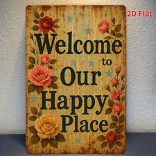Retro Welcome Happy Place Flower Metal Tin Sign Rustic Front Dooration Art Gift
