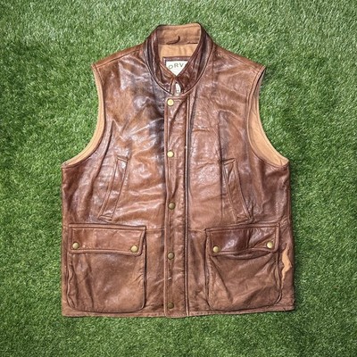 ORVIS Men's Leather Munitions Vest Brown Full-Zip Snap Button