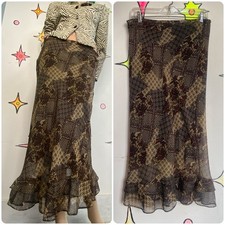 Vintage Earth Tone Scarf Print Midi Skirt Floral Ruffle Fairy Grunge Boho - S