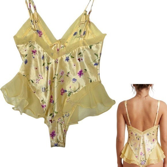 Rare Vintage 90s Victorias Secret Yellow Floral Ruffle Teddy Bodysuit XS image 5