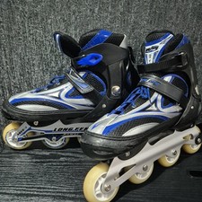 Long Feng Adjustable Inline Roller Skates UK 7-9 Blue & Silver Good Condition