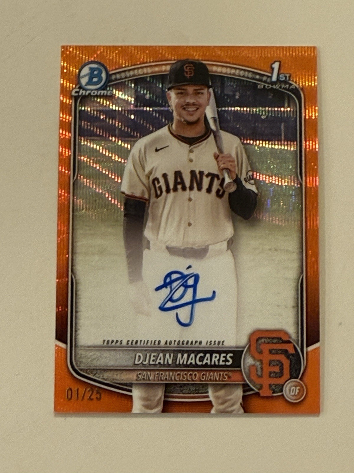 2025 Bowman Chrome Djean Macares 1st ORANGE Wave Auto Giants 1st On Print 01/25