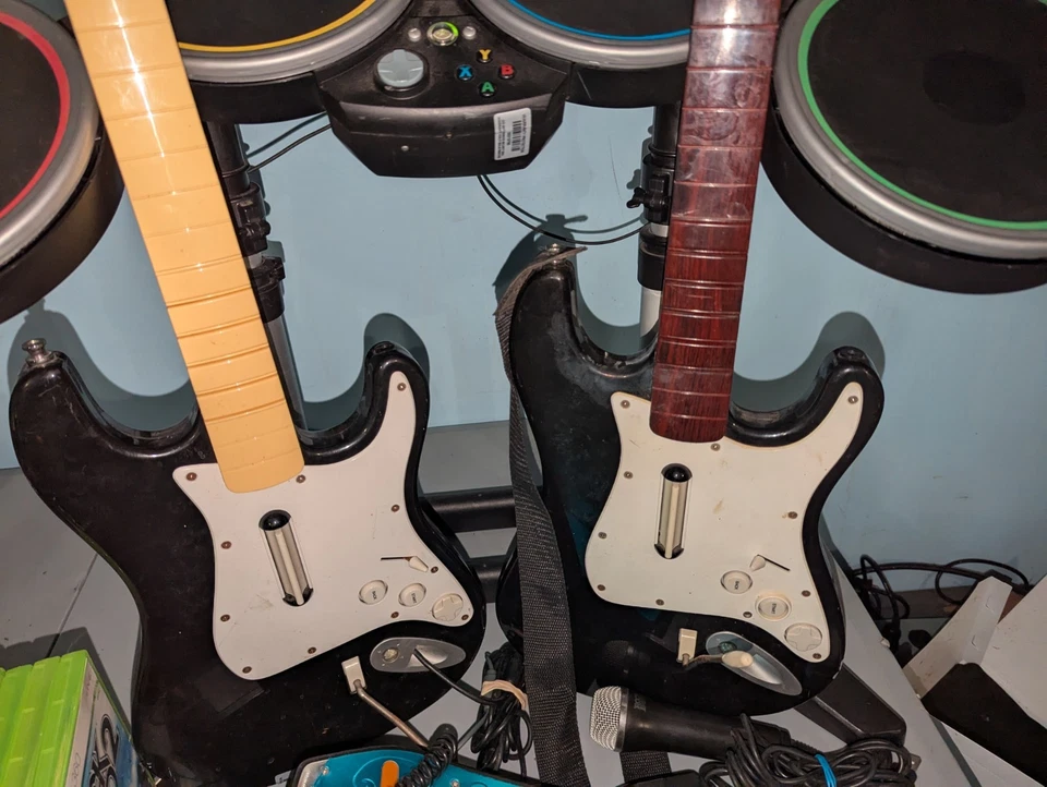 Xbox 360 Rock Band Mic, Drum Set, Cymbal, 2 Guitars, 4 Games Bundle Set - Tested - Image 3 of 4