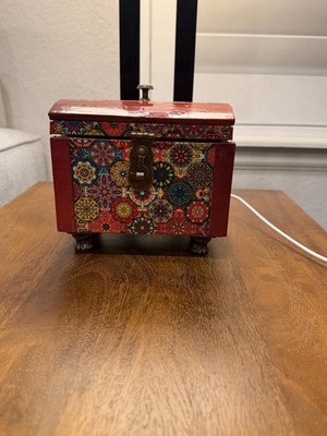 Small Red Multicolor Floral Rectangular Lidded Decorative Box Wood/Metal