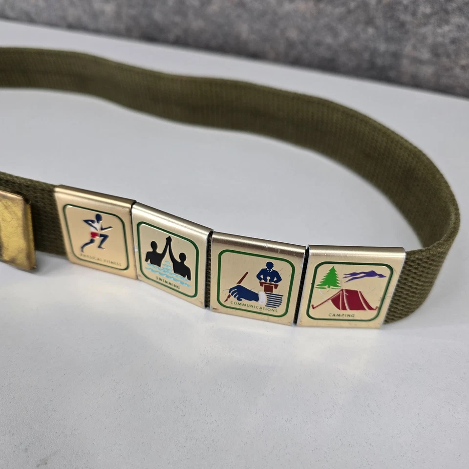 Boy Scout Green Adjustable Belt w/8 Slide Badges Brass Buckle USA Made Vintage - Image 3 of 4