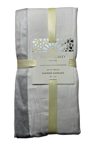 Cynthia Rowley Holiday Dinner Napkins Set of 12 White Silver Trim 20"x20" Cotton