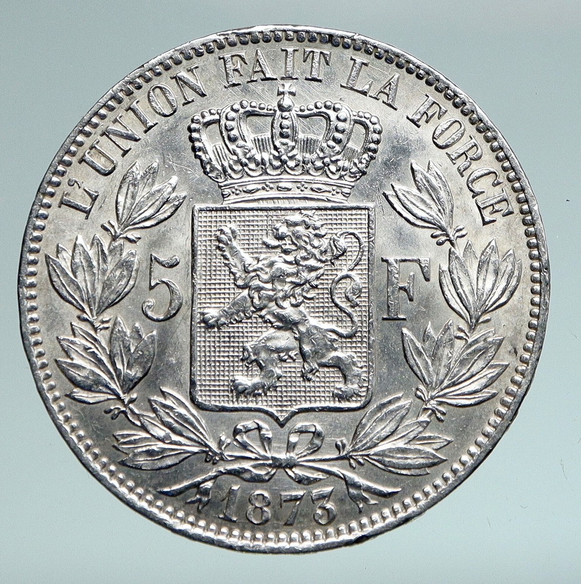 1873 BELGIUM with King LEOPOLD II and LION Genuine Silver 5 Francs